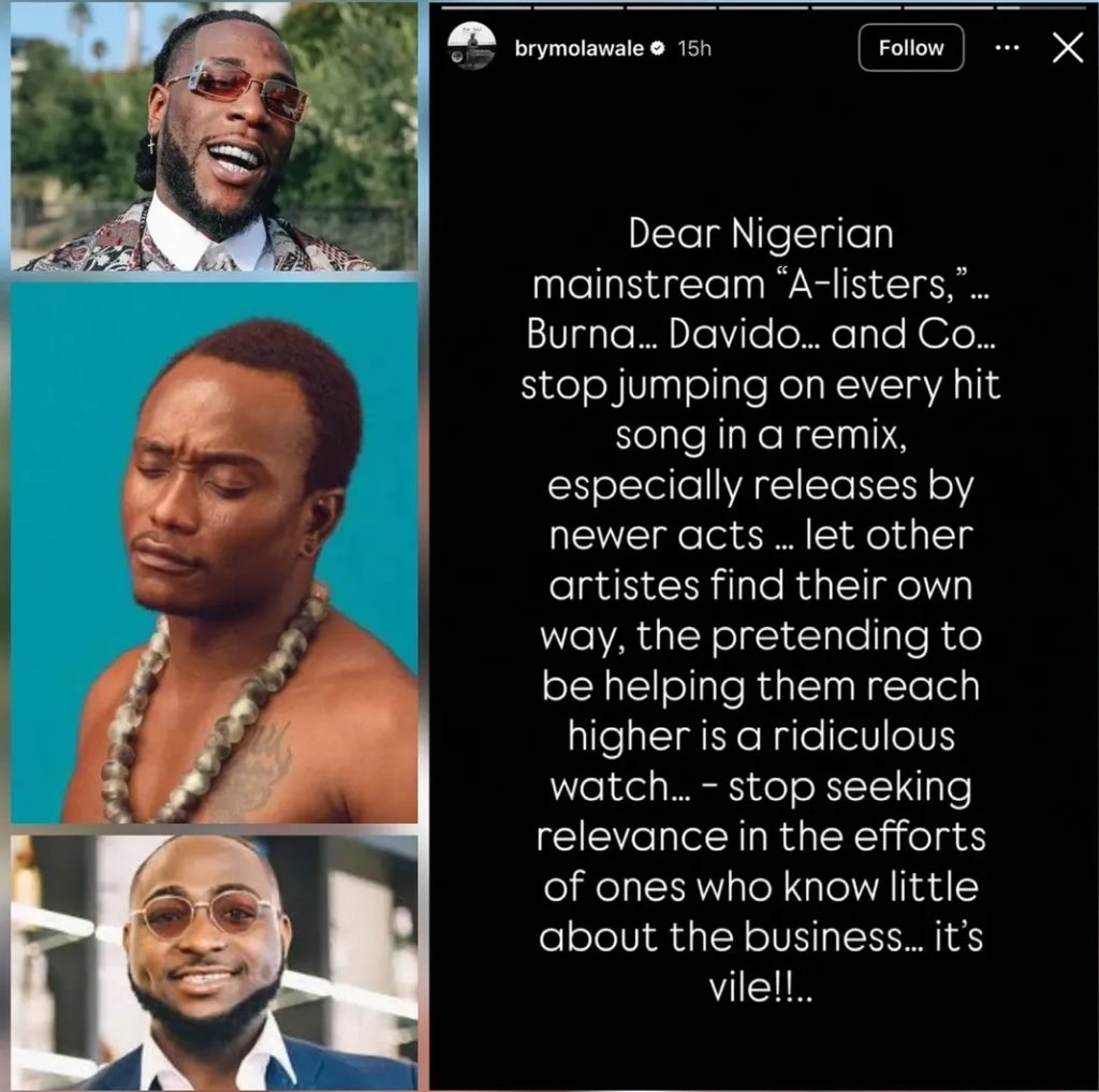 Stop Jumping On Every Hit Song In A Remix – Brymo Slams Burna Boy, Davido, And Other Artistes For Using Remixes With Upcoming Acts To Seek Relevance