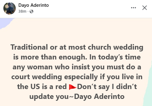 Any Woman Who Insists You Must Do A Court Wedding Is A Red Flag – Nigerian Man Tells Men