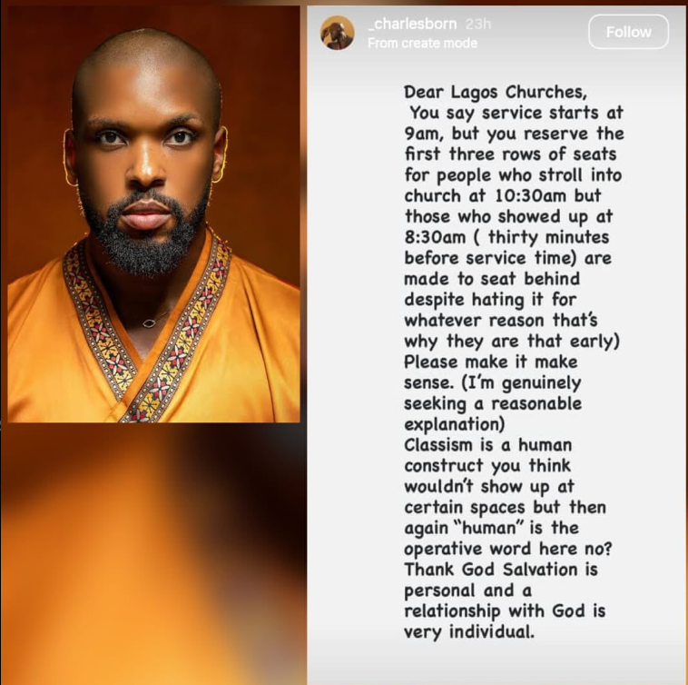 Actor Charles Ugochukwu Blasts Lagos Churches For Reserving Front Seats For Latecomers