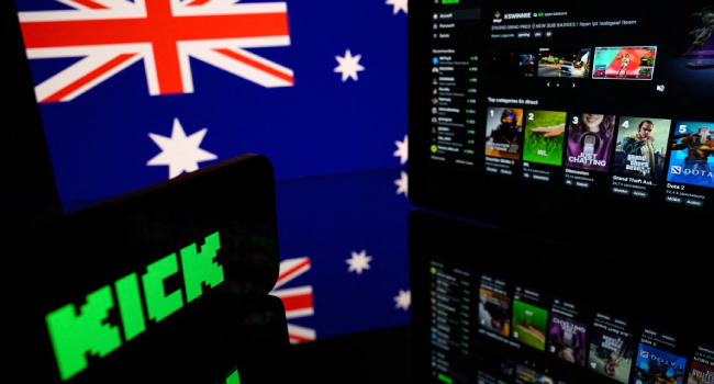 Screens Displaying The Logo And The Home Page Of The Australian Live Streaming Platform Kick With The Australian Flag