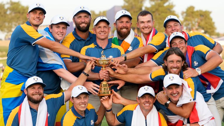 Europe'S Team Captain Luke Donald , Centre, And Team Members Lift The Ryder Cup After Winning The Trophy By Defeating The United States 16/12 Point To 11 1/2 Points At The Marco Simone Golf Club In Guidonia Montecelio, Italy, Sunday, Oct. 1, 2023. (Ap Photo/Alessandra Tarantino)