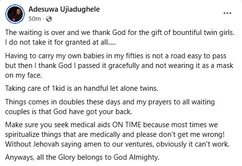 Having To Carry My Own Babies In My 50S Is Not A Road Easy To Pass – Nigerian Woman Says As She Welcomes A Set Of Twins
