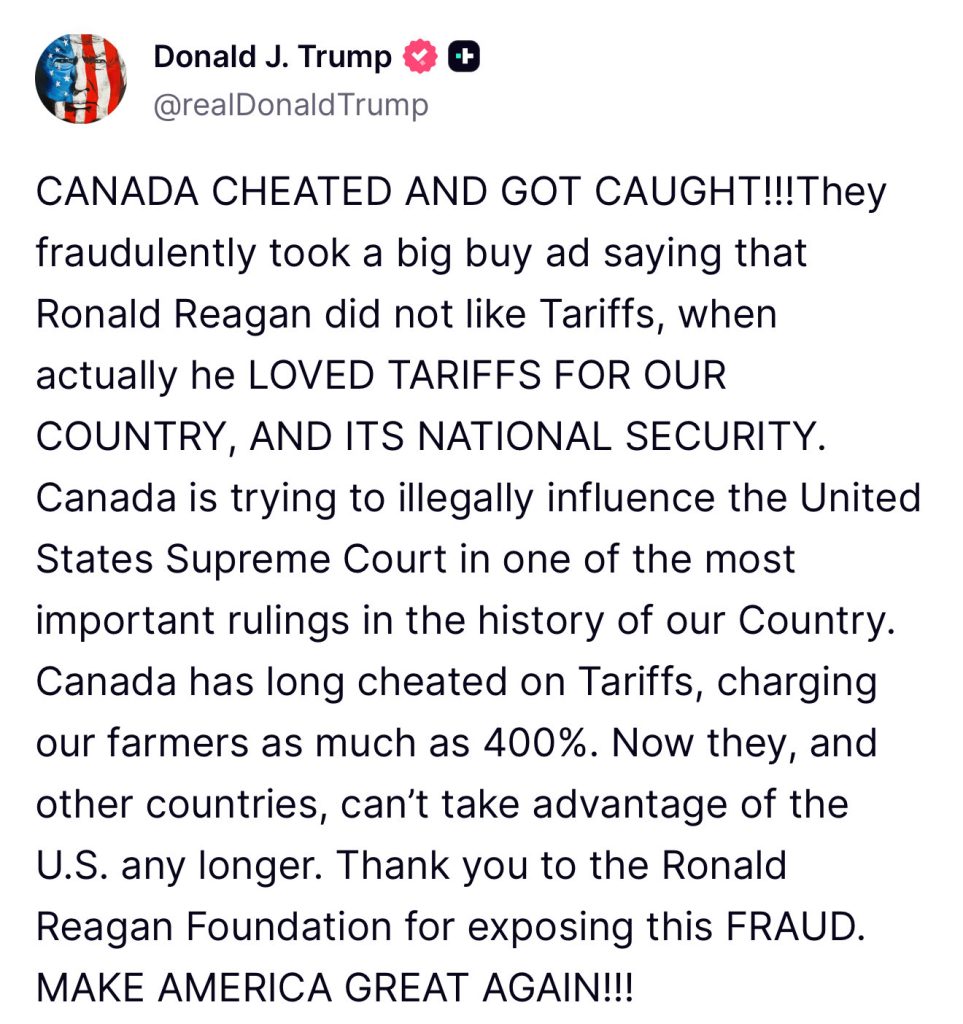 Trump Ends Trade Negotiations With Canada Over Tv Advert Criticizing Us Tariffs
