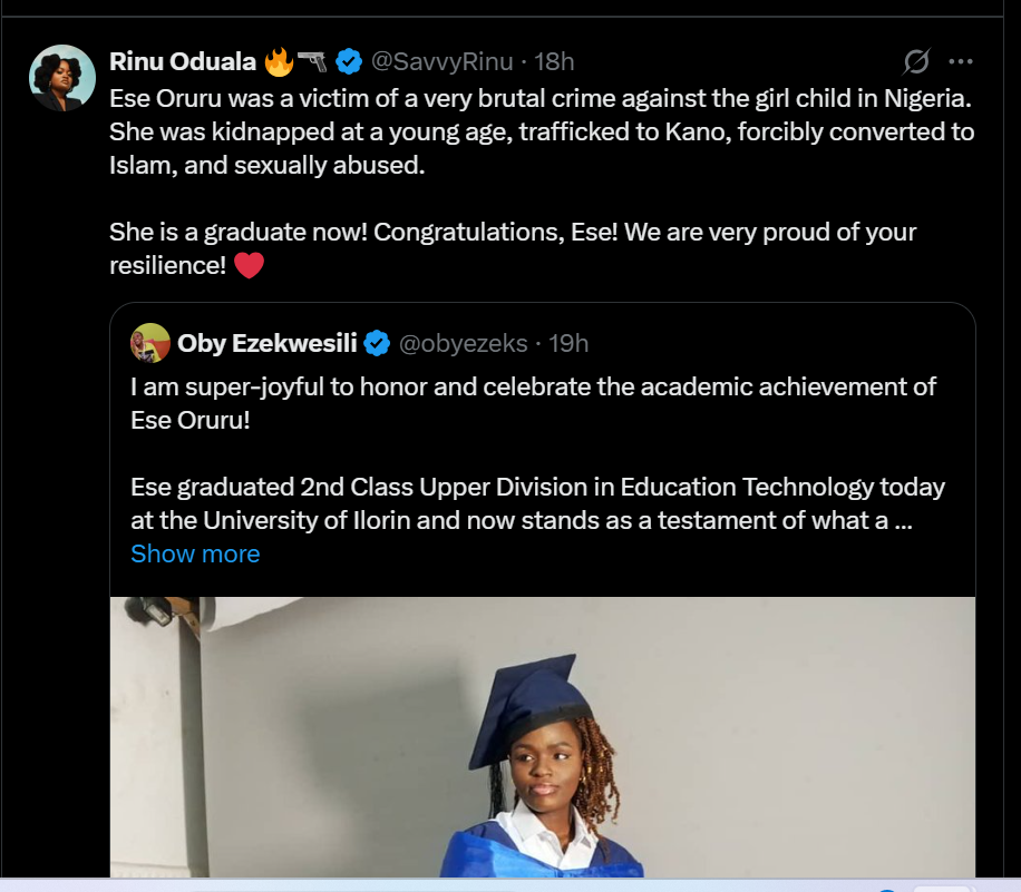 Nigerian Girl Ese Oruru Graduates From University Years After Being Kidnapped, Trafficked To Kano And Forcibly Converted To Islam