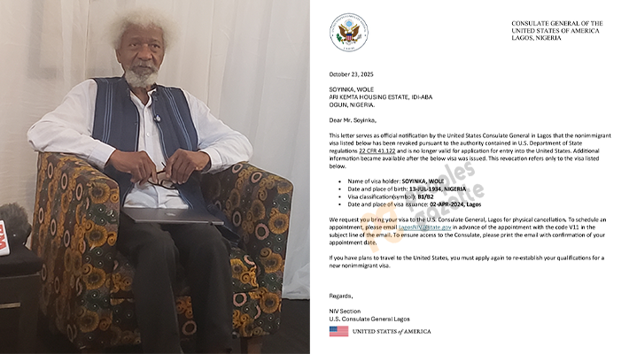 U.s. Has Revoked My Visa; Gave No Reason For Decision: Soyinka