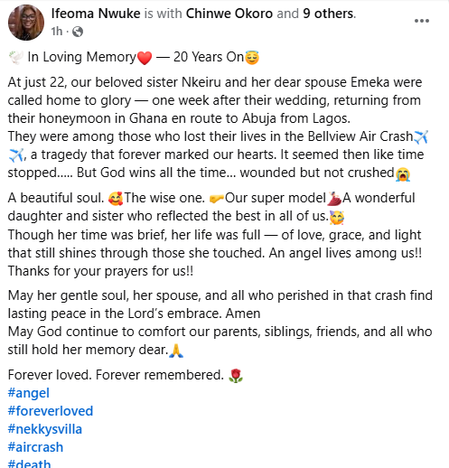 They Were Returning From Honeymoon – Nigerian Woman Remembers Her Sister And Brother-In-Law On 20Th Anniversary Of Bellview Plane Crash