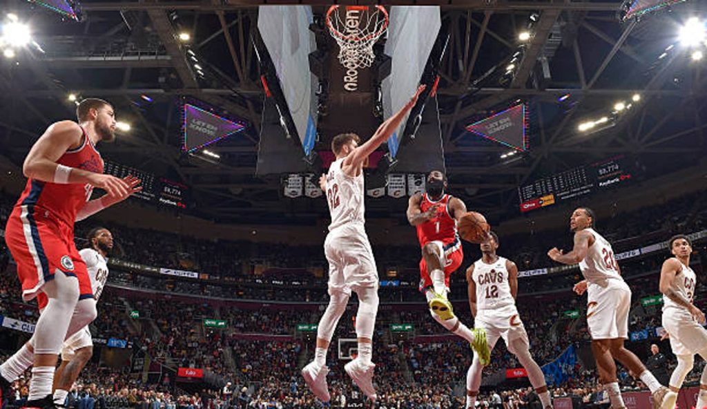 Cleveland Oh James Harden Of The La Clippers Drives To The Basket During The Game Against The
