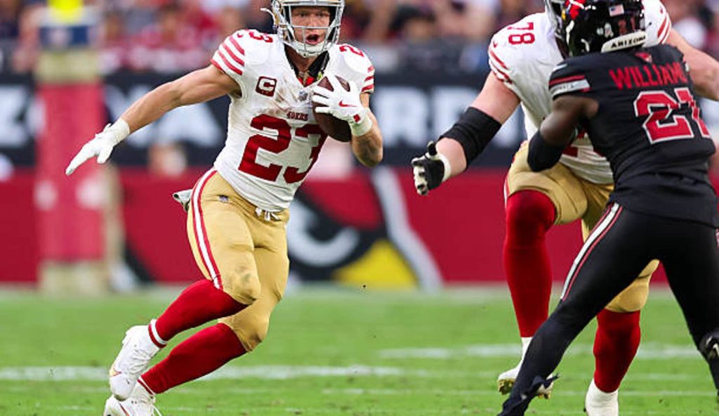 Glendale Arizona Christian Mccaffrey Of The San Francisco 49Ers Runs The Ball During The Glendale Arizona Christian Mccaffrey Of The San Francisco 49Ers Runs The Ball During The