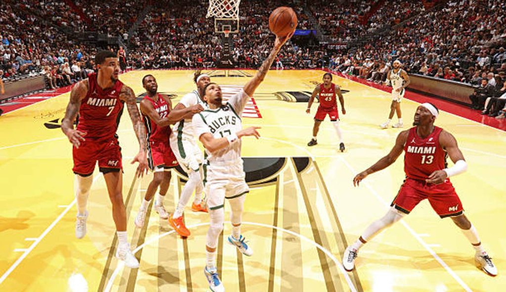 Miami Fl Ryan Rollins Of The Milwaukee Bucks Drives To The Basket During The Game Against The Miami Fl Ryan Rollins Of The Milwaukee Bucks Drives To The Basket During The Game Against The