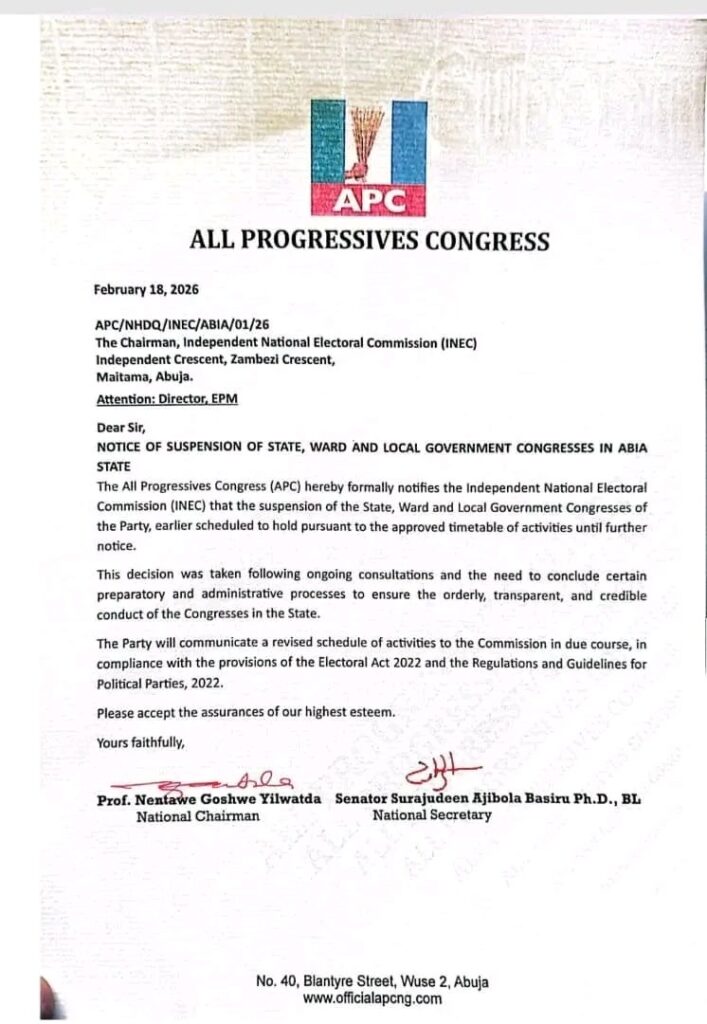 APC suspends state LG ward congresses in Abia APC suspends state LG ward congresses in Abia