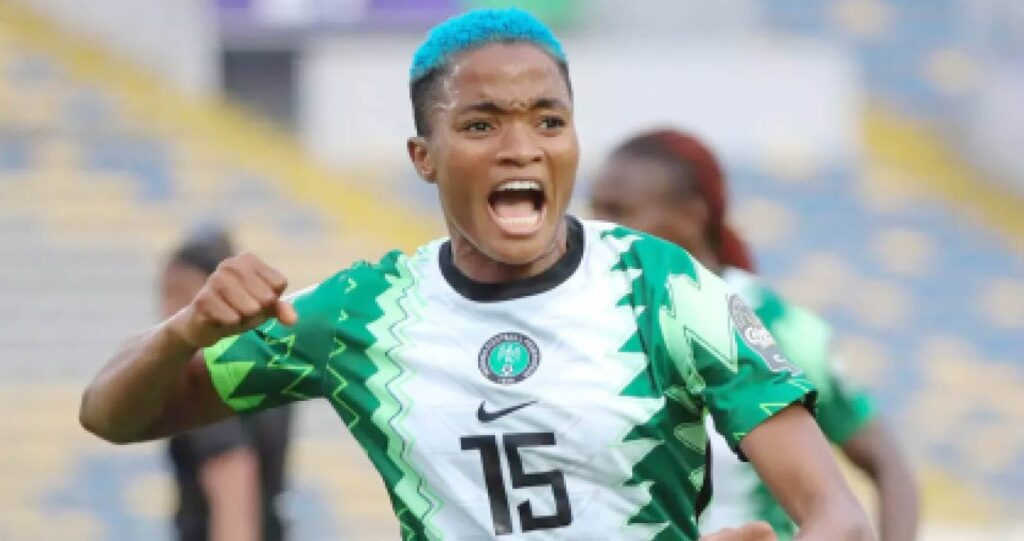 raseedat ajibade celebrates after scoring for the super falcons raseedat ajibade celebrates after scoring for the super falcons