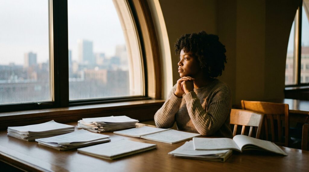 A Black Graduate Student Sitting Alone At A Wooden Delpmaspu Scaled 1 A Black Graduate Student Sitting Alone At A Wooden Delpmaspu Scaled 1